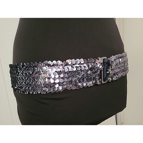 Vintage Sequin Womens Belt Size Large Blue 80s 90s Retro Funky Disco Stretch - Picture 2 of 8